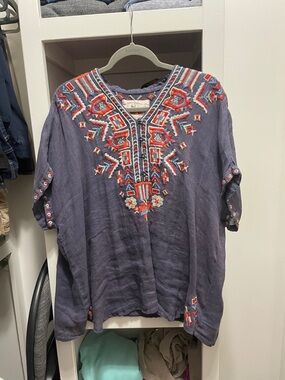 Johnny Was Navy Tunic with Red and Light Blue Embroidery